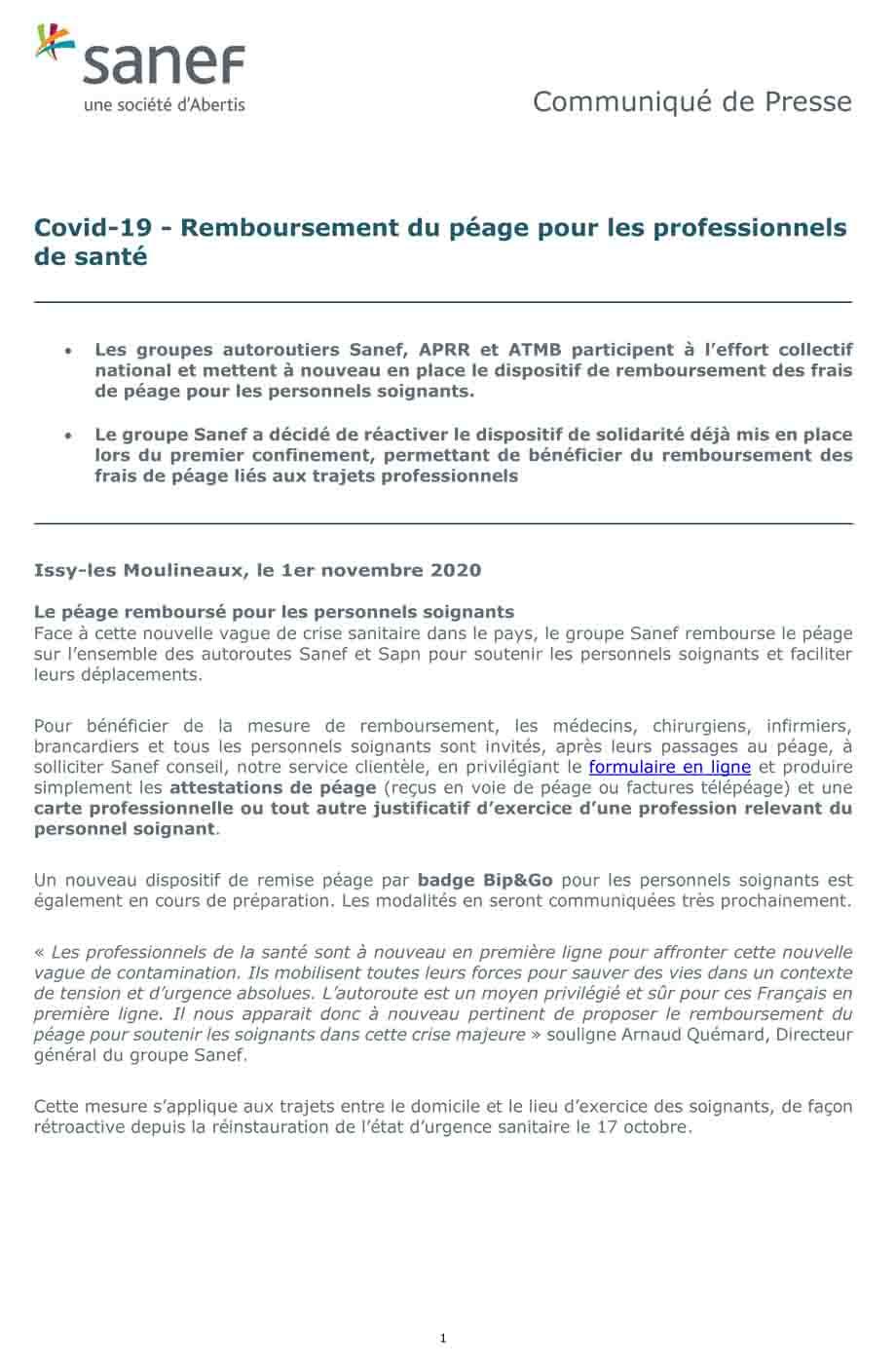 Communique de presse sanef covid et gratuite du personnel soignant confinement.pdf