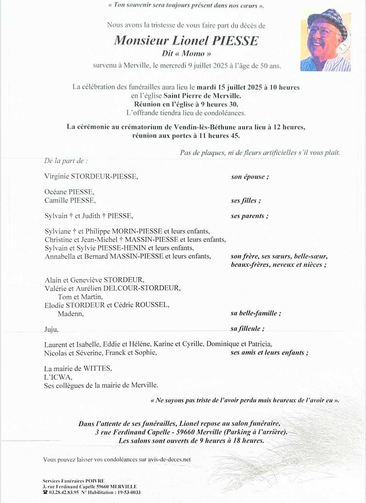 Faire part de deces lionel piesse