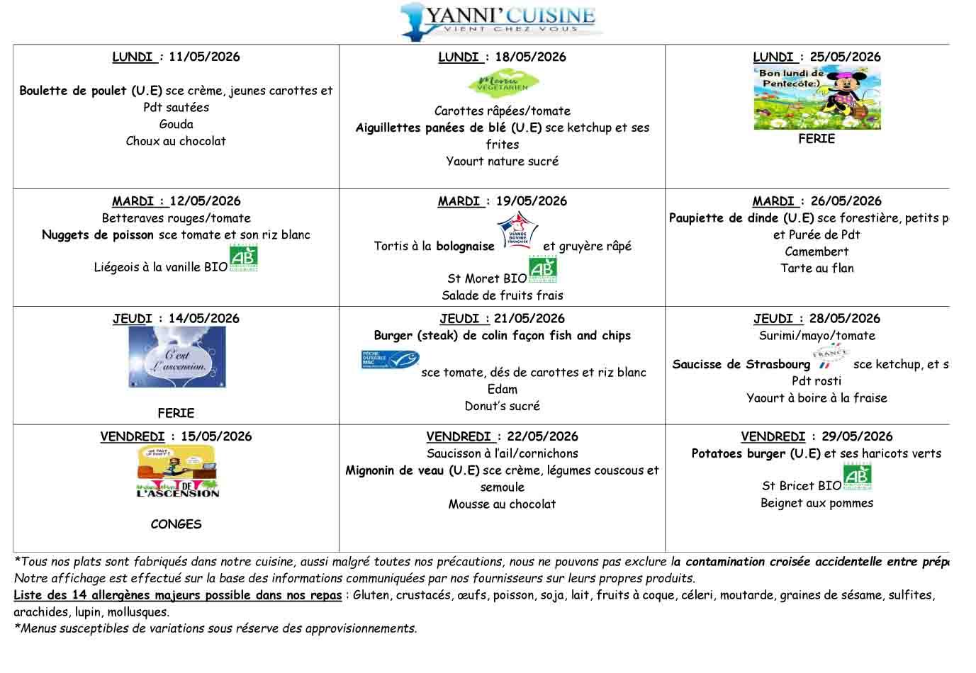 Menus du 11 au 29 mai