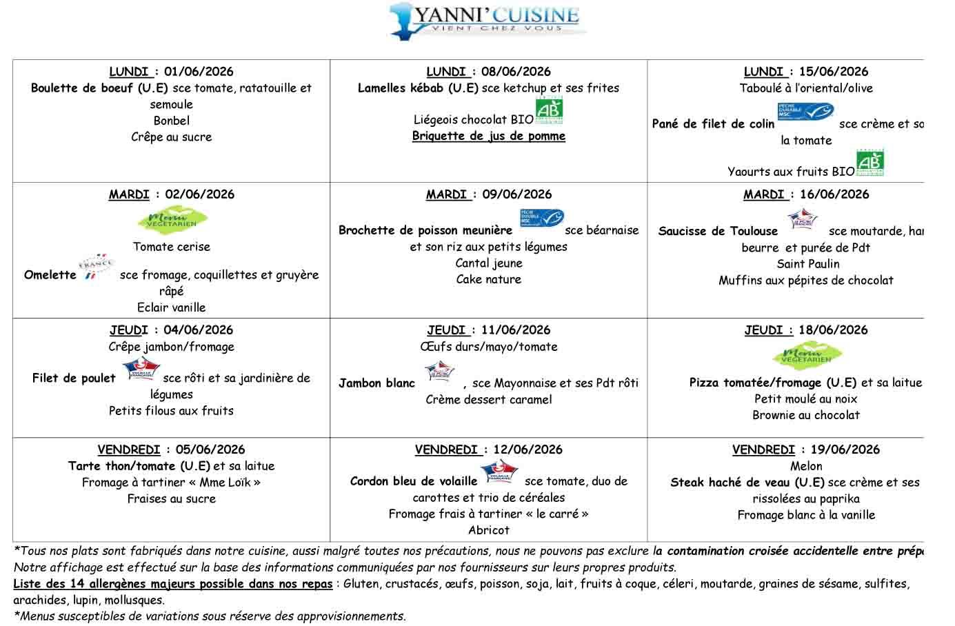 Menus du 1er au 19 juin