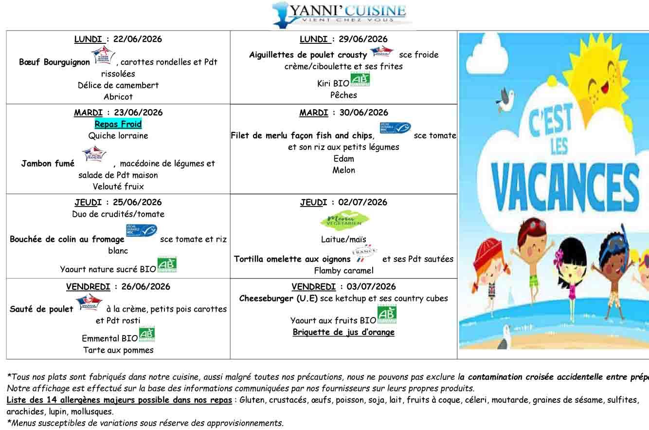 Menus du 22 juin au 3 juillet