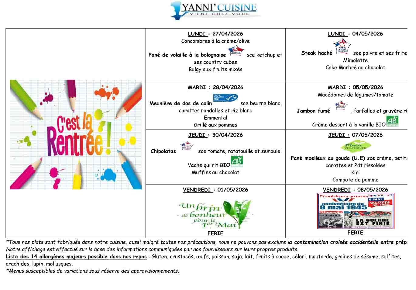 Menus du 27 avril au 7 mai